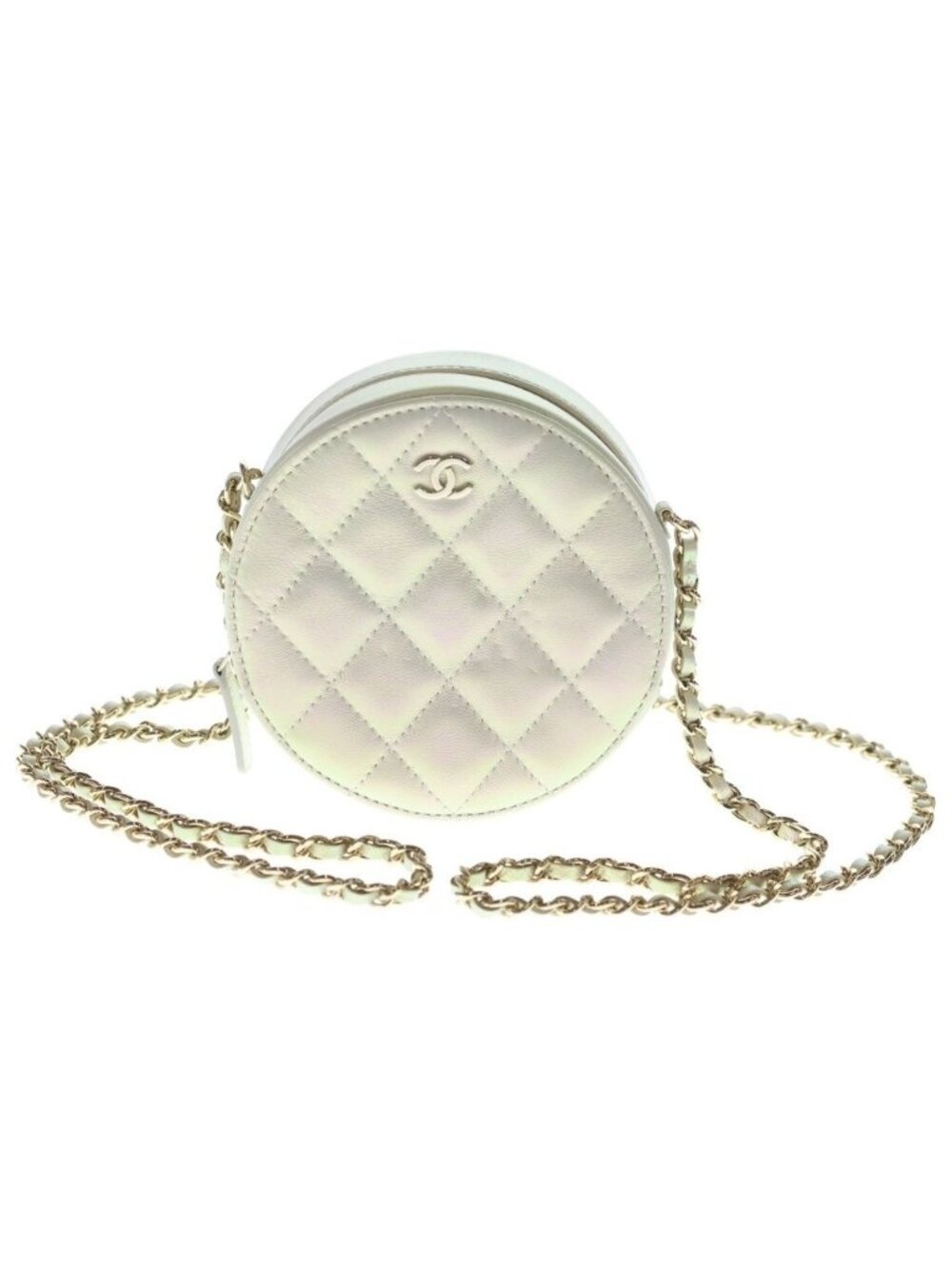 Chanel CC Logo Quilted Round Chain Mini Shoulder Bag White Aurora Leather Gold